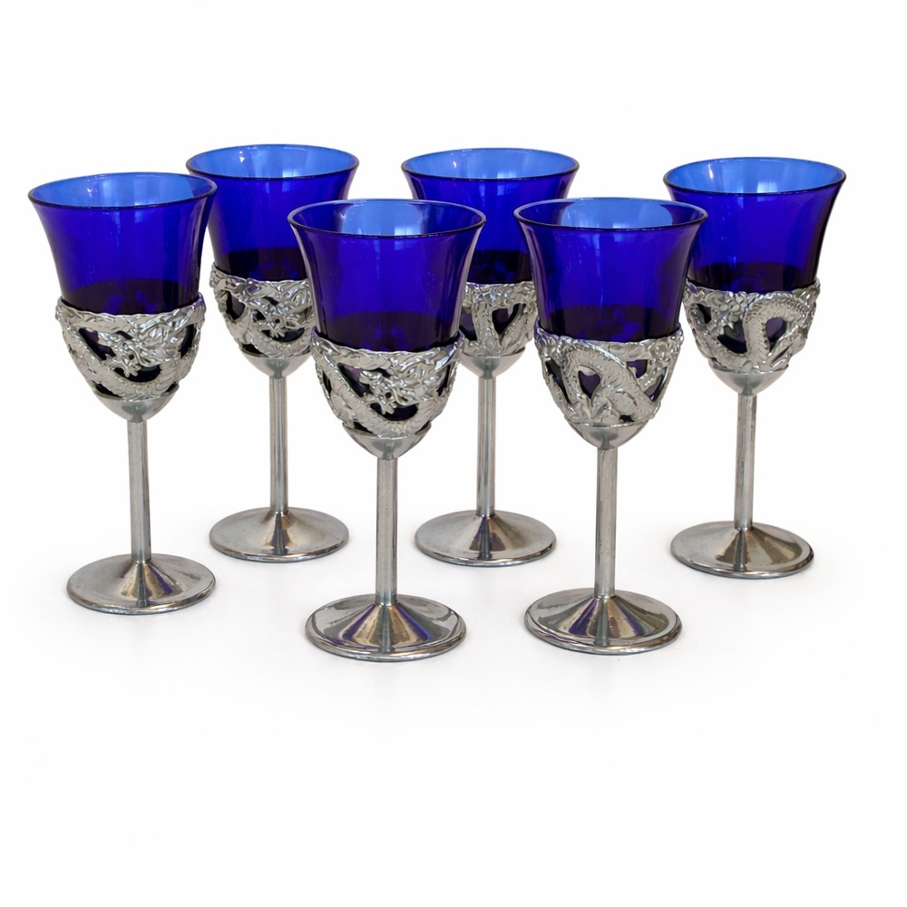 Vintage Nikko Japan Cobalt Blue Cordial / Saki Glasses Set of 6 Dragon Base